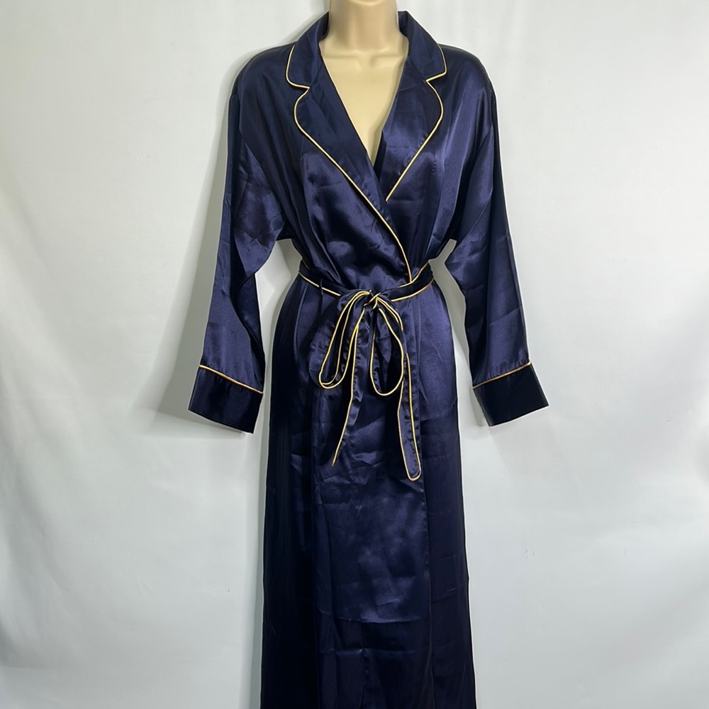 Victoria’s Secret vintage 1996 satin blue gold pocketed long sleeve/length robe - Picture 1 of 11